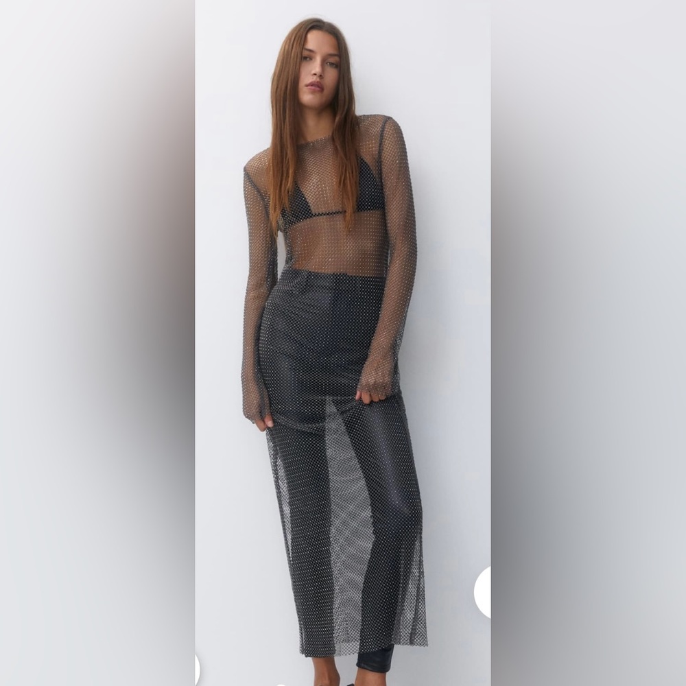 NWT Pull&Bear Charcoal Long Sleeve Shimmer Mesh Maxi Dress